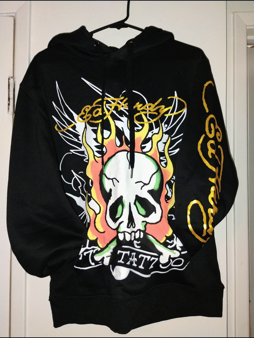 Ed Hardy Black Hoodie with Yellow and Green Flame Skull Graphic